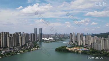 湖南长沙城市蓝天白云天际线航拍